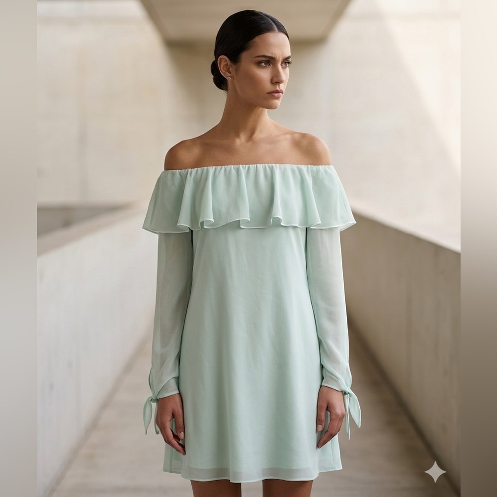 Sam Edelman Off-The-Shoulder Ruffle Mini Dress Mint Green Chiffon Size 4